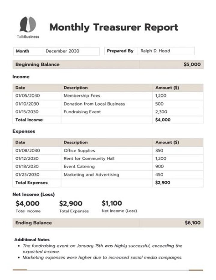 What should be included in a treasurer report?